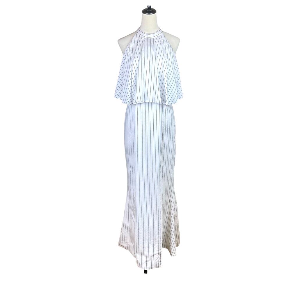 C/MEO Collective White Pinstripe Sleeveless Halter Side Slit Maxi Formal Dress